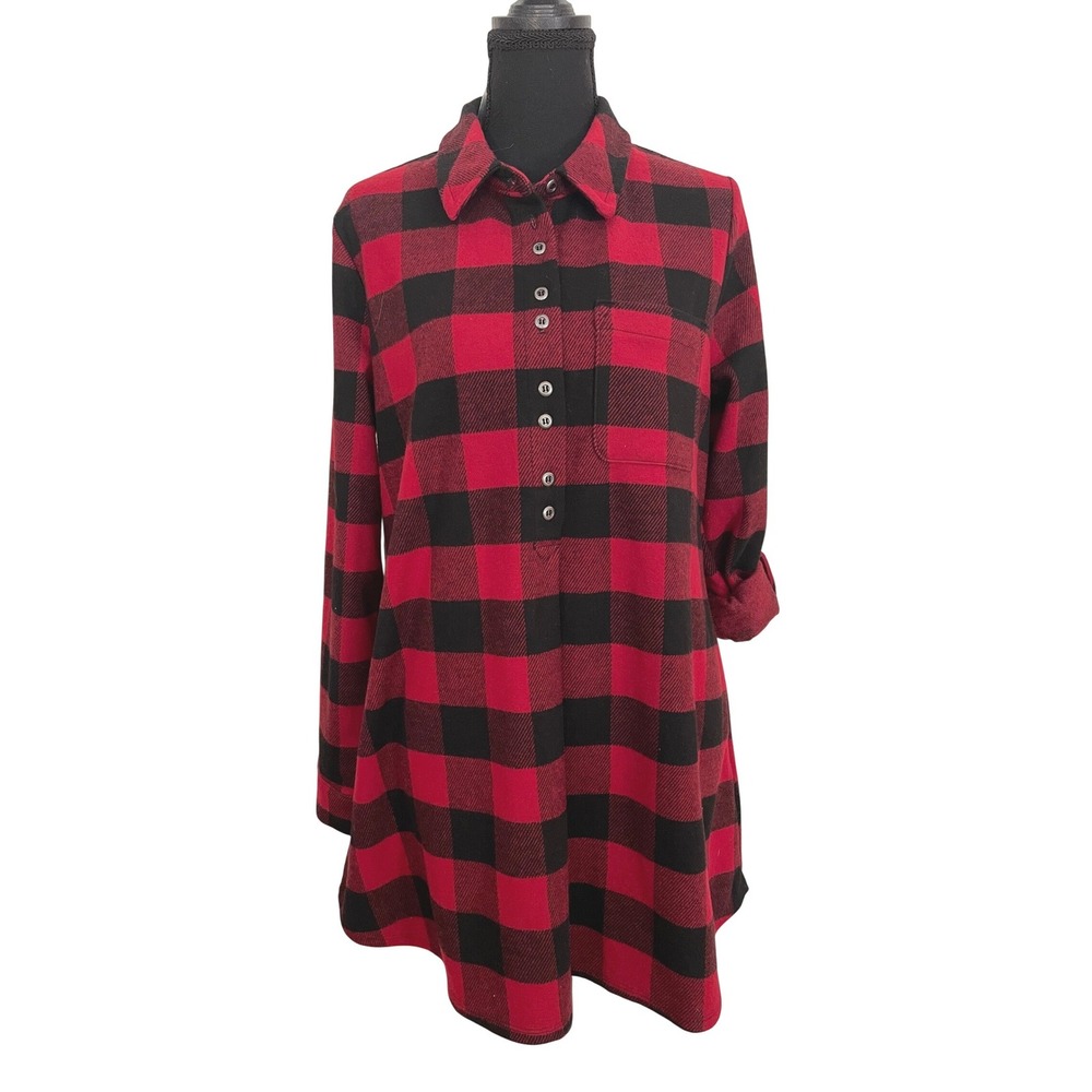 Soft Surroundings Tunic Top Women M Red Black Plaid Rayon Blend Boho Classic NWT